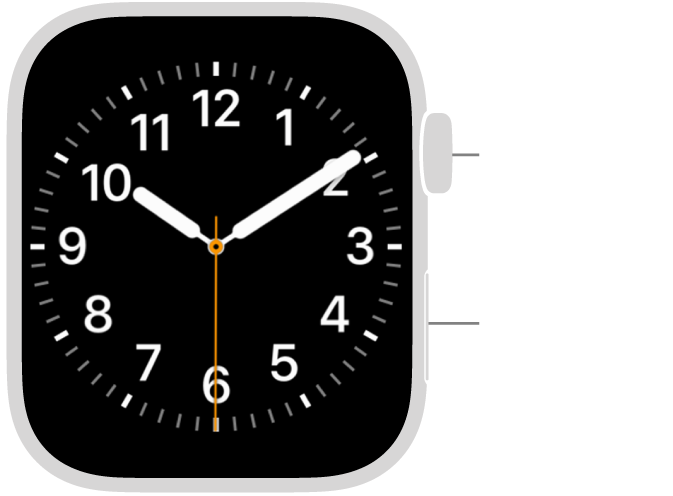 An Apple Watch with the text Digital Crown and Side button pointing to their location on the device. The device displays the time 10:09:30 as an analog Apple Watch face.