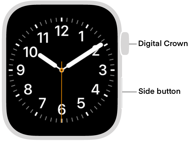 An Apple Watch with the text Digital Crown and Side button pointing to their location on the device. The device displays the time 10:09:30 as an analog Apple Watch face.