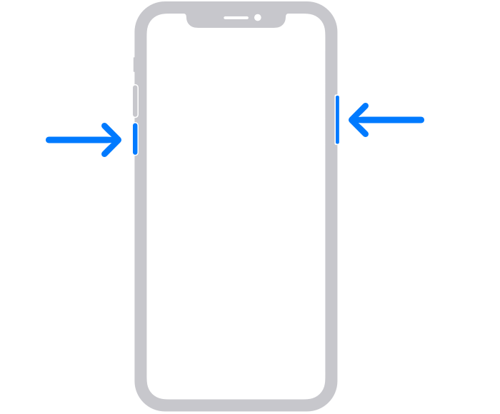 An iPhone 10 with arrows pointing to where the volume down and sleep wake buttons are located on Face ID iPhones. The volume buttons are located on the upper half on the left side of the device with the volume down button below the volume up button and the sleep wake button is located on the upper half on the right side of the device.