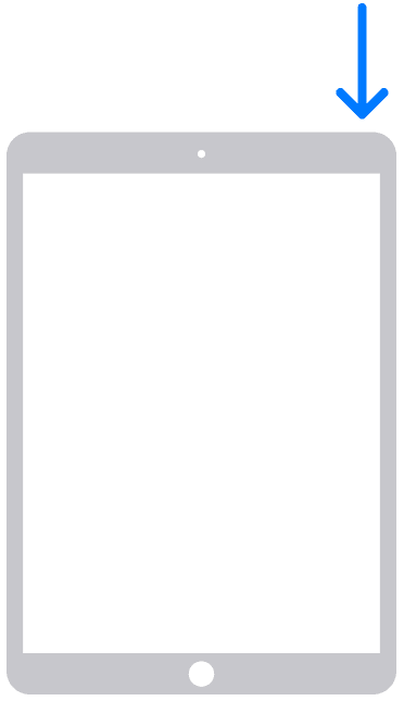 An iPad 9th generation with an arrow pointing to the power button on the top right side of the device.