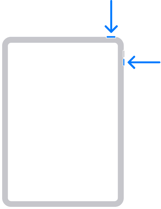 An iPad Pro with Face ID with arrows pointing to the sleep wake and volume buttons. The sleep wake button is located on the top right side and the volume buttons are located on the upper right side of the iPad.