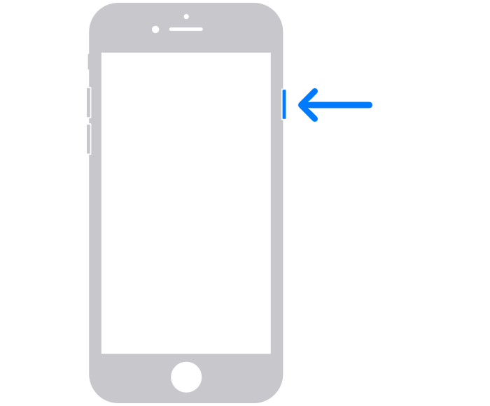 An iPhone SE 3 with an arrow pointing to where the sleep wake button is located on the device. It is located on the upper half on the right side of the device.