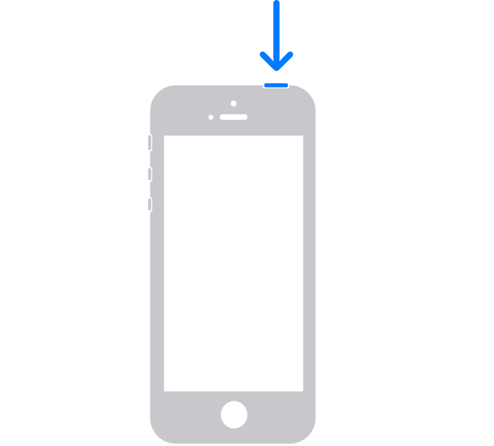 An iPhone 5 with an arrow point to where the power button is located on the device. It is located on the top right side of the device.